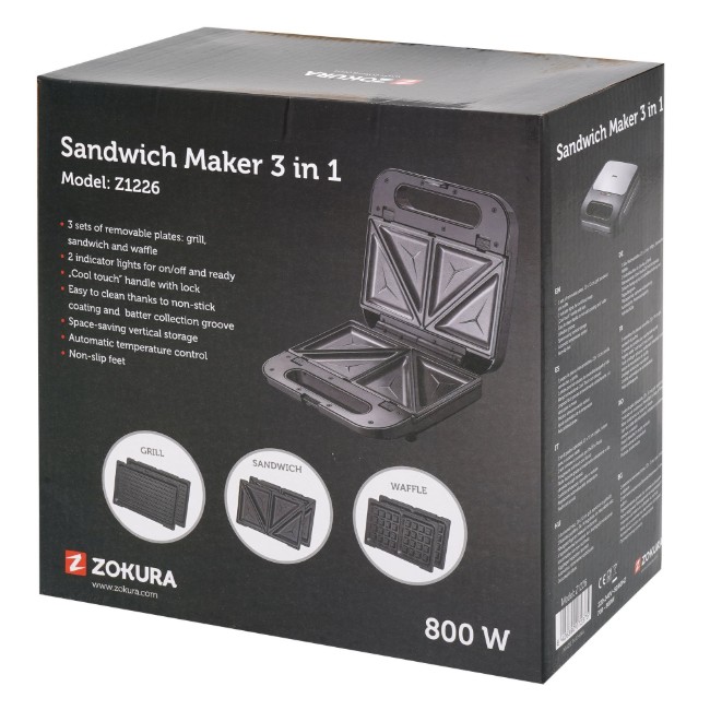 Сандвич машина 3 в 1, 2 филийки, 800 W - Zokura