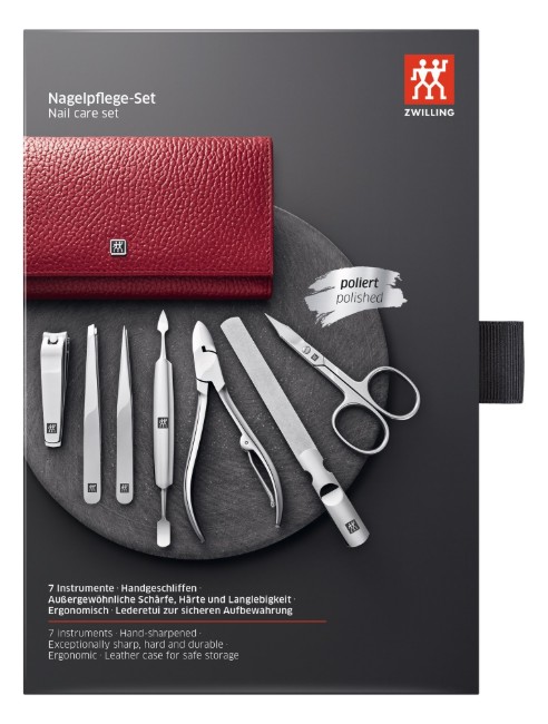 Комплект за маникюр от 7 части, кожен портфейл с телчета, червен - Zwilling Classic Inox