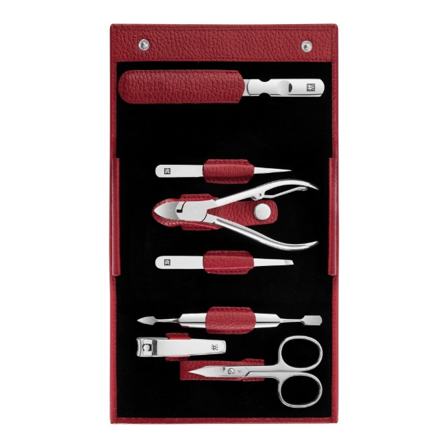 Комплект за маникюр от 7 части, кожен портфейл с телчета, червен - Zwilling Classic Inox