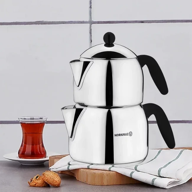Двоен турски чайник, неръждаема стомана, 1.2L/2L, "Orbit" - Korkmaz