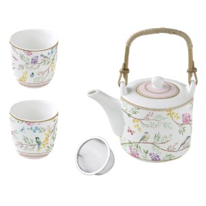 Порцеланов чайник, 600 ml, с инфузер и 2 чаши, "Birds Melody" - Nuova R2S