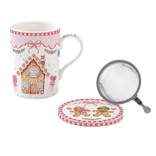 Порцеланова чаша, 350 мл, с капак и инфузер, "Sweet Christmas" - Nuova R2S