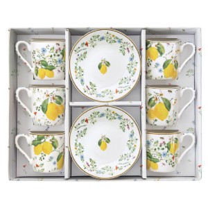 Комплект от 6 чаши за кафе с чинийки, порцелан, 100 мл, "Fleurs et Citrons" - Nuova R2S