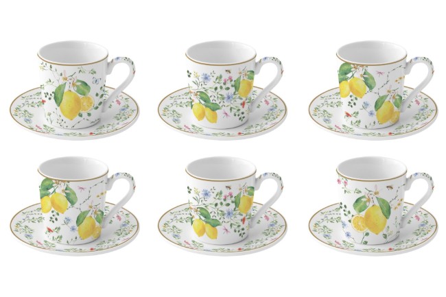 Комплект от 6 чаши за кафе с чинийки, порцелан, 100 мл, "Fleurs et Citrons" - Nuova R2S