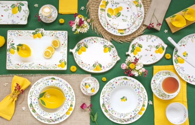 Комплект от 6 чаши за кафе с чинийки, порцелан, 100 мл, "Fleurs et Citrons" - Nuova R2S