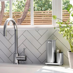 Дозатор за сапун със сензор и държач за гъба, 414 мл, неръждаема стомана, Brushed - simplehuman