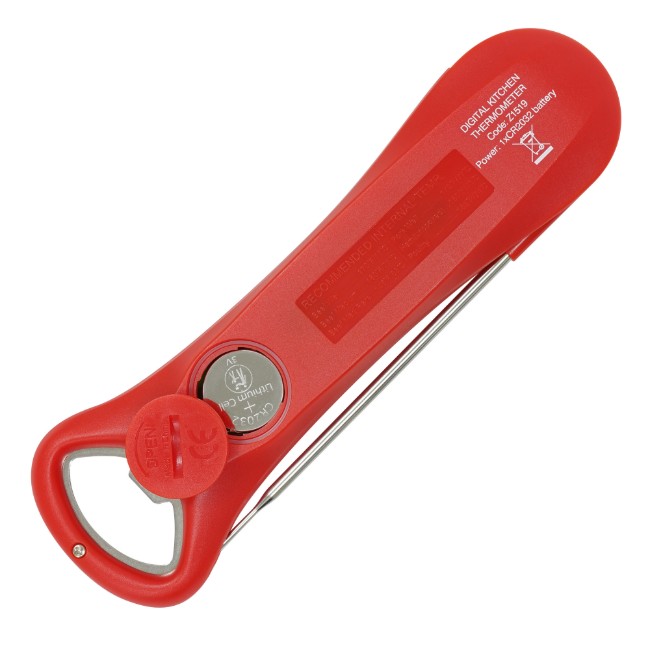 Дигитален кухненски термометър с вградена отварачка за бутилки, червен - Zokura