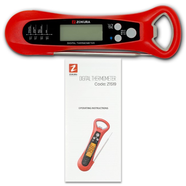 Дигитален кухненски термометър с вградена отварачка за бутилки, червен - Zokura