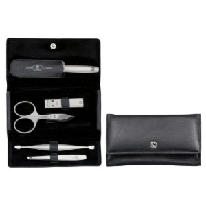 Комплект за маникюр от 5 части, сатенирана неръждаема стомана, черен кожен калъф, PREMIUM - Zwilling