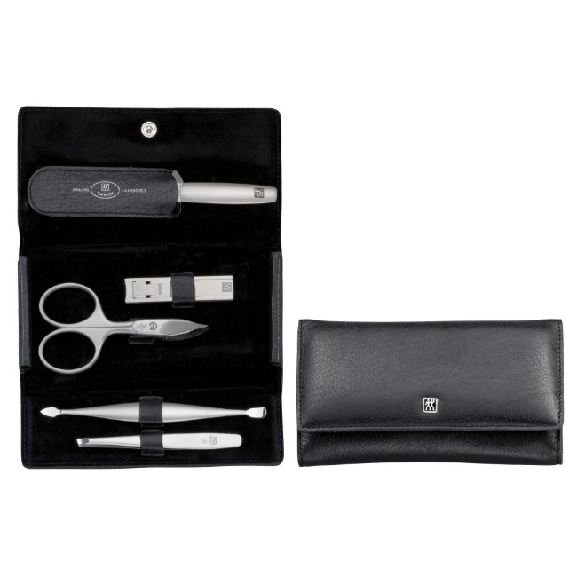 Комплект за маникюр от 5 части, сатенирана неръждаема стомана, черен кожен калъф, PREMIUM - Zwilling
