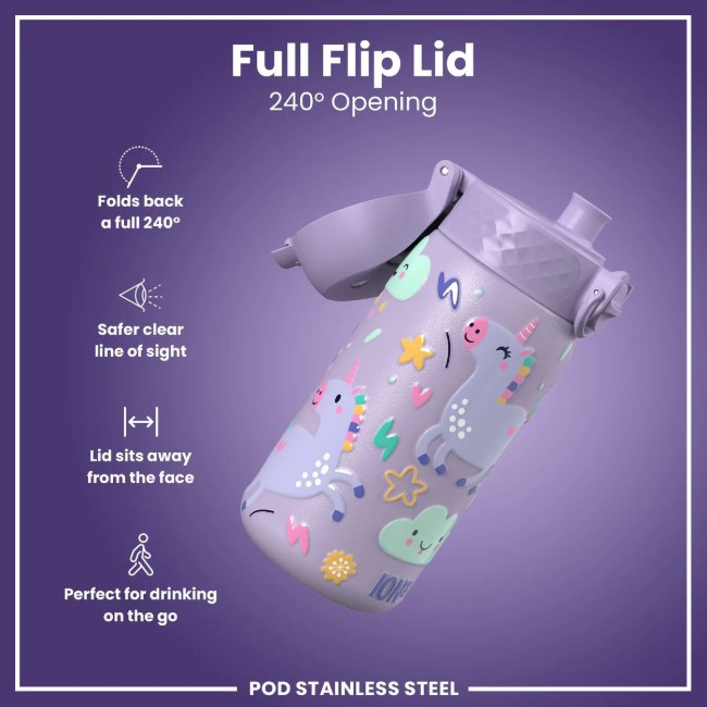 Детска бутилка за вода, неръждаема стомана, 400 мл, Periwinkle, Unicorns - Ion8