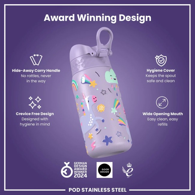Детска бутилка за вода, неръждаема стомана, 400 мл, Periwinkle, Unicorns - Ion8