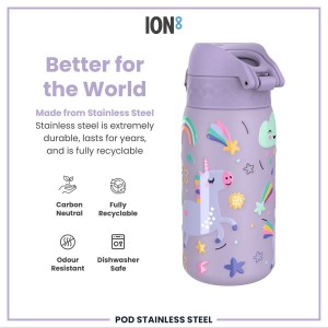 Детска бутилка за вода, неръждаема стомана, 400 мл, Periwinkle, Unicorns - Ion8