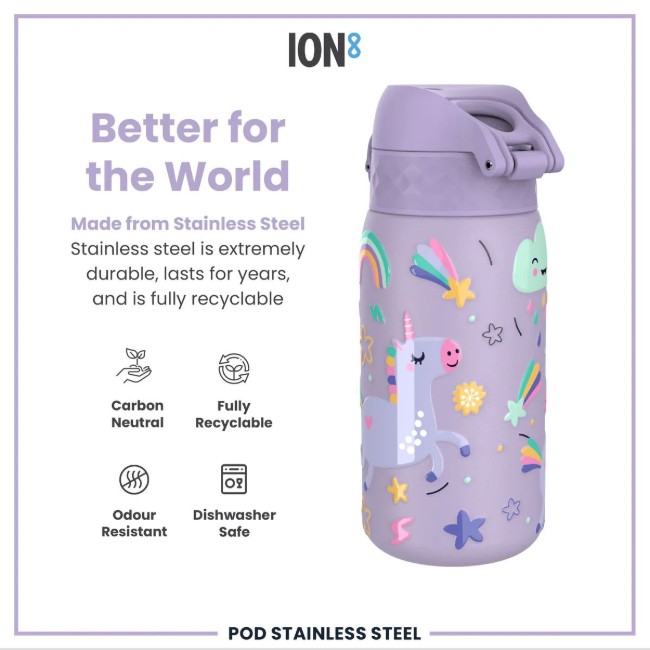 Детска бутилка за вода, неръждаема стомана, 400 мл, Periwinkle, Unicorns - Ion8