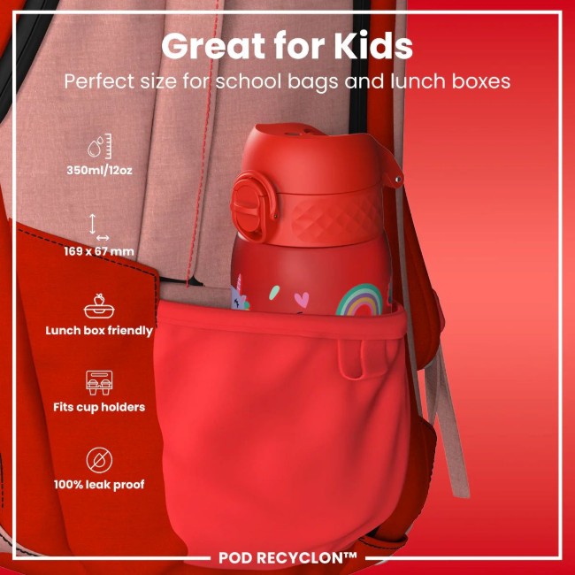 Детска бутилка за вода, recyclon, 350 мл, Red Unicorns - Ion8