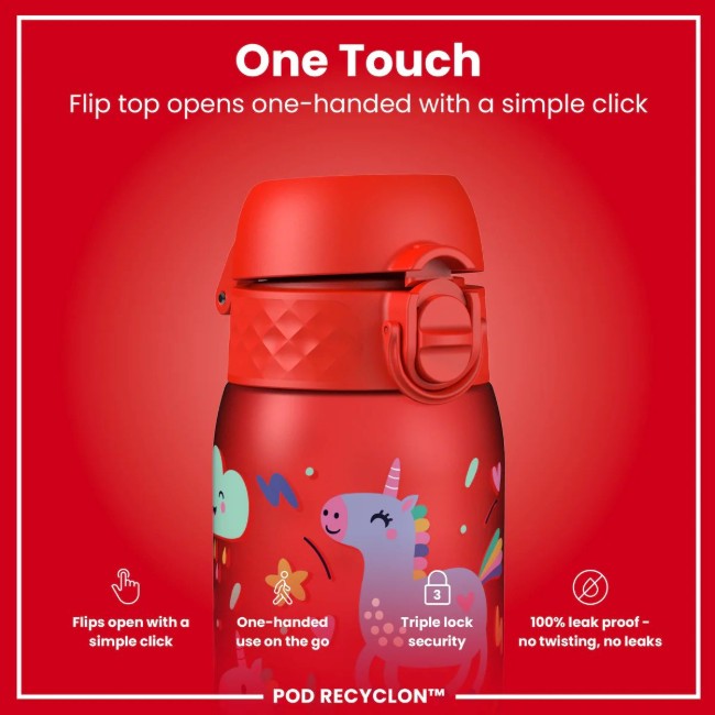 Детска бутилка за вода, recyclon, 350 мл, Red Unicorns - Ion8