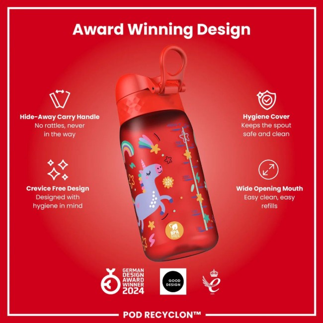 Детска бутилка за вода, recyclon, 350 мл, Red Unicorns - Ion8