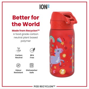 Детска бутилка за вода, recyclon, 350 мл, Red Unicorns - Ion8