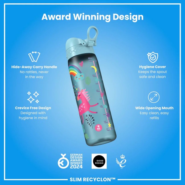 Детска бутилка за вода SLIM, recyclon, 500 мл, Blue Unicorns - Ion8