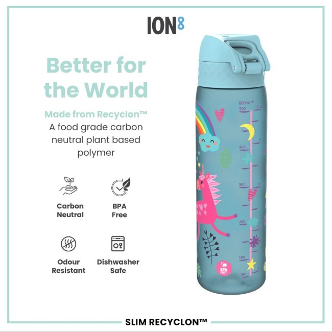 Детска бутилка за вода SLIM, recyclon, 500 мл, Blue Unicorns - Ion8