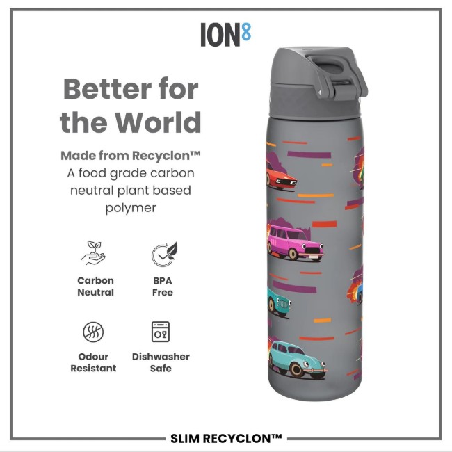 Детска бутилка за вода SLIM, recyclon, 500 мл, Sport Cars - Ion8