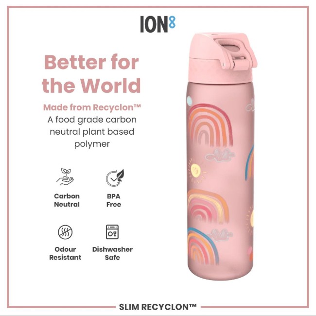 SLIM детска бутилка за вода, рециклон, 500 мл, Rainbows - Ion8