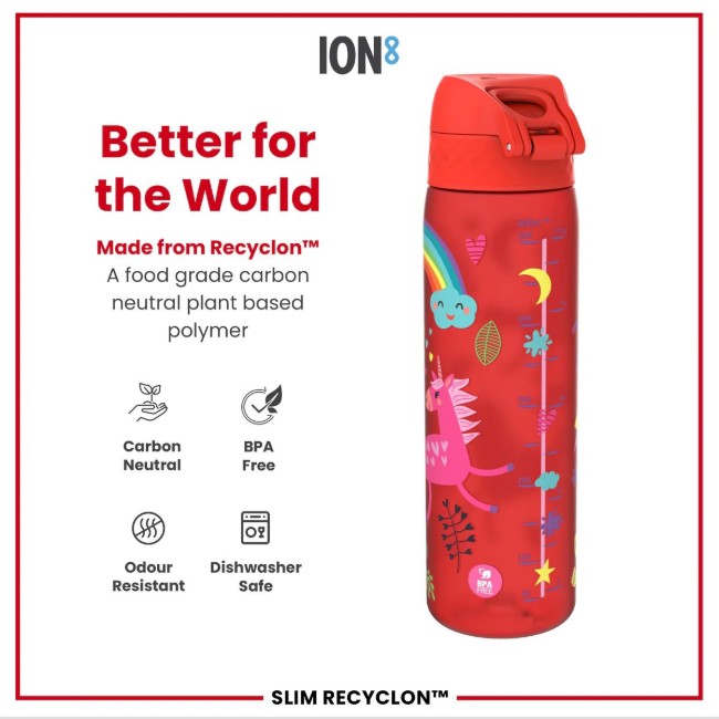 SLIM детска бутилка за вода, рециклон, 500 мл, Red Unicorns - Ion8