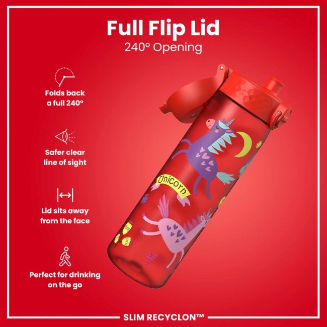 SLIM детска бутилка за вода, рециклон, 500 мл, Red Unicorns - Ion8