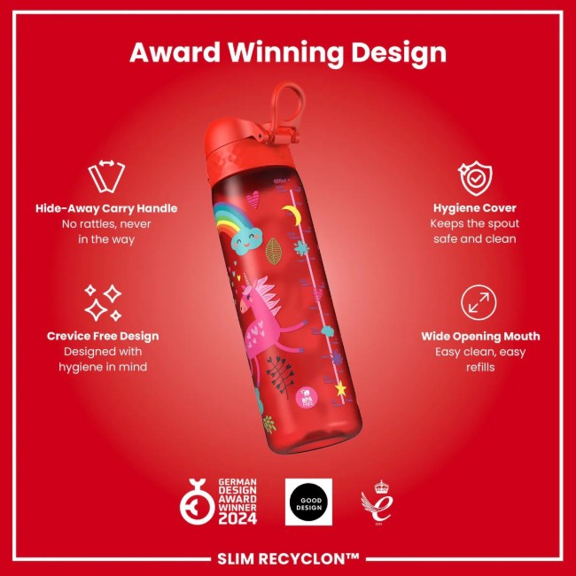 SLIM детска бутилка за вода, рециклон, 500 мл, Red Unicorns - Ion8