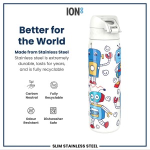 SLIM детска бутилка за вода, неръждаема стомана, 600 ml, Robots - Ion8