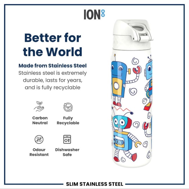 SLIM детска бутилка за вода, неръждаема стомана, 600 ml, Robots - Ion8
