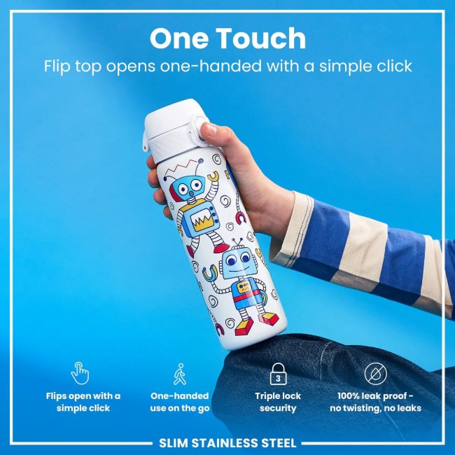 SLIM детска бутилка за вода, неръждаема стомана, 600 ml, Robots - Ion8