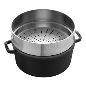 Чугунена тенджера за готвене Cocotte, с аксесоар за готвене на пара, 26cm/5.2L, Black  - Staub