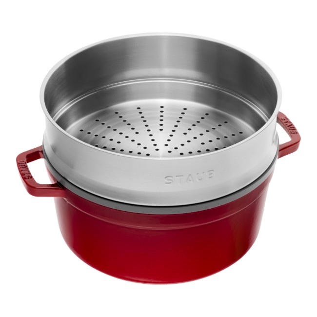 Чугунен съд за готвене Cocotte, с аксесоар за готвене на пара, 26 cm/5.2L, Cherry - Staub