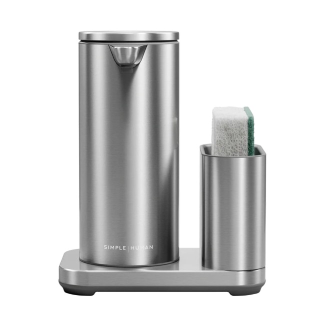Сензорен дозатор с държач за гъба, 266 мл, неръждаема стомана, Brushed - simplehuman