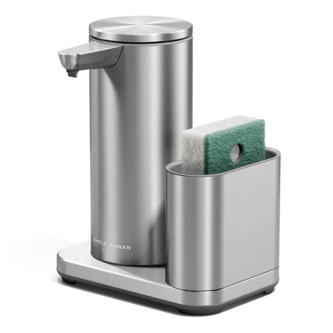 Сензорен дозатор с държач за гъба, 266 мл, неръждаема стомана, Brushed - simplehuman