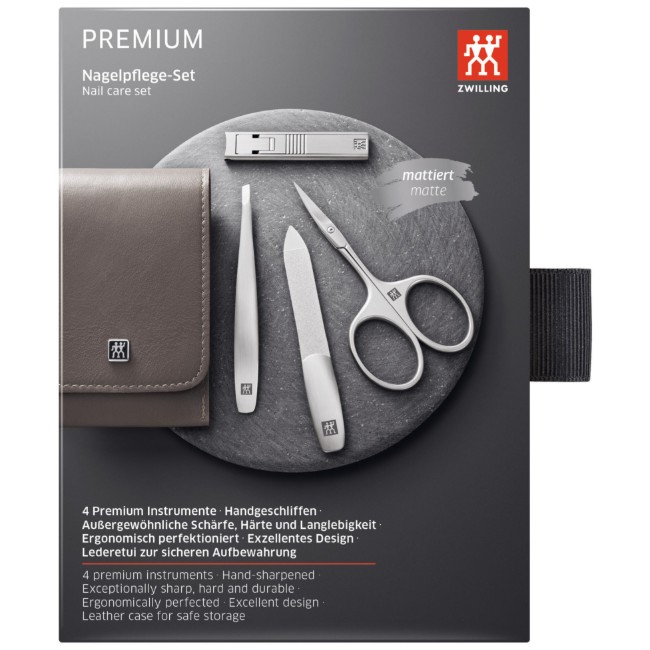Комплект за маникюр от 4 части, неръждаема стомана, сив кожен калъф, PREMIUM - Zwilling